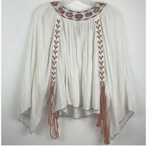 Ban Jara Size XSmall White with Embroidery Braided Tassels Multi Colored Blouse